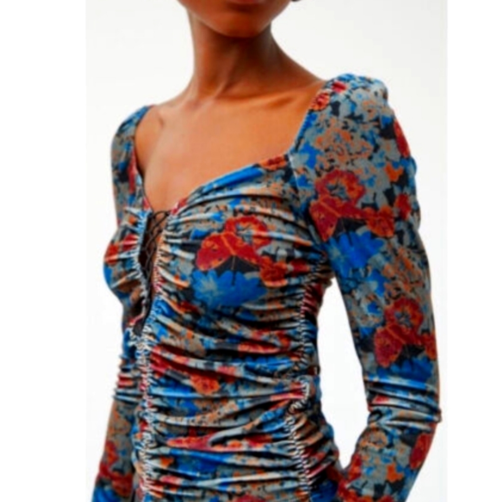 NEW URBAN OUTFITTERS Multi Color Top Laced Bust Long Sleeves Ruched Sides Small